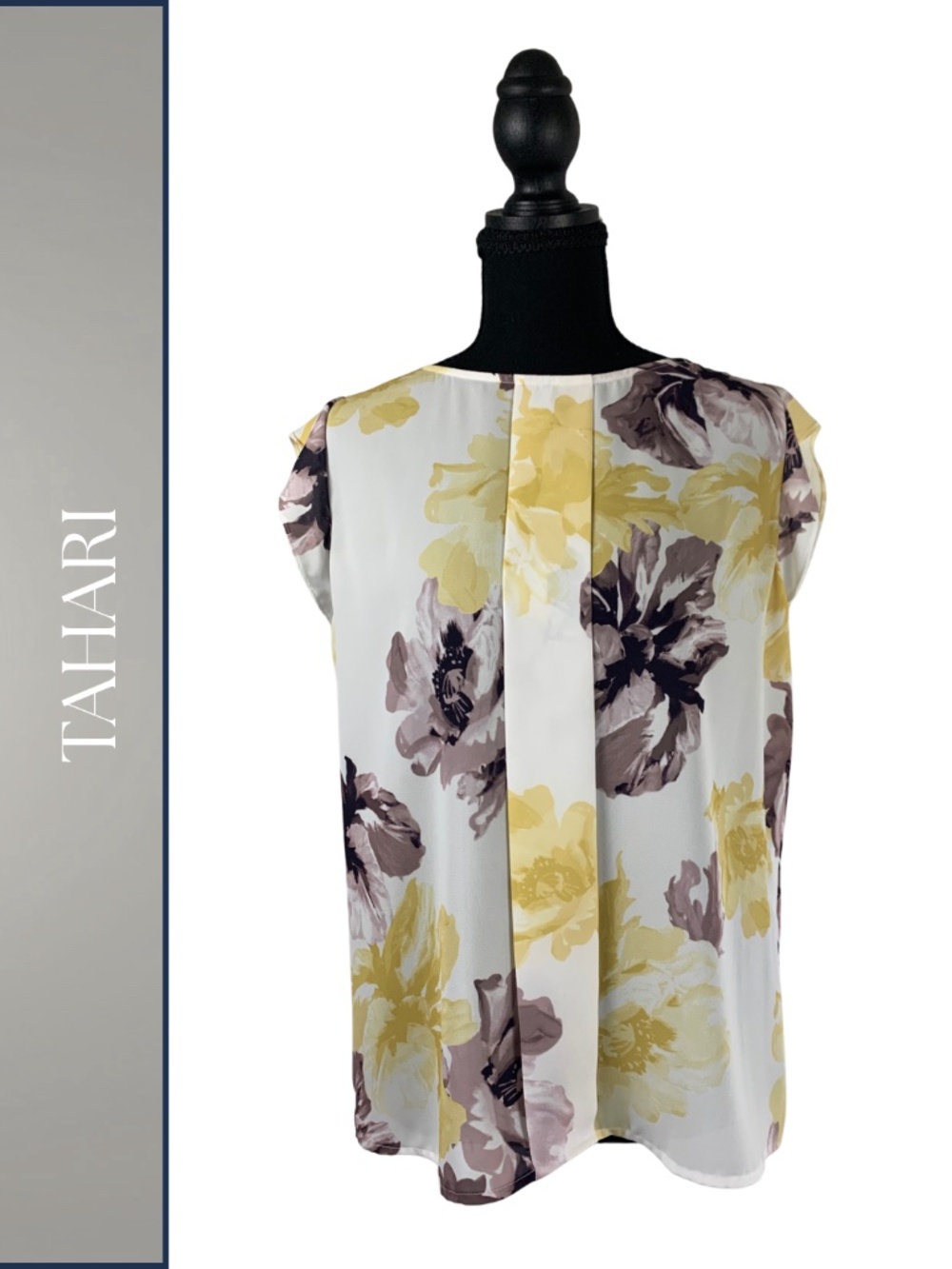 Tahari Pleated Floral Blouse Women's M Flutter Sleeves Gathered Back Office HiLo